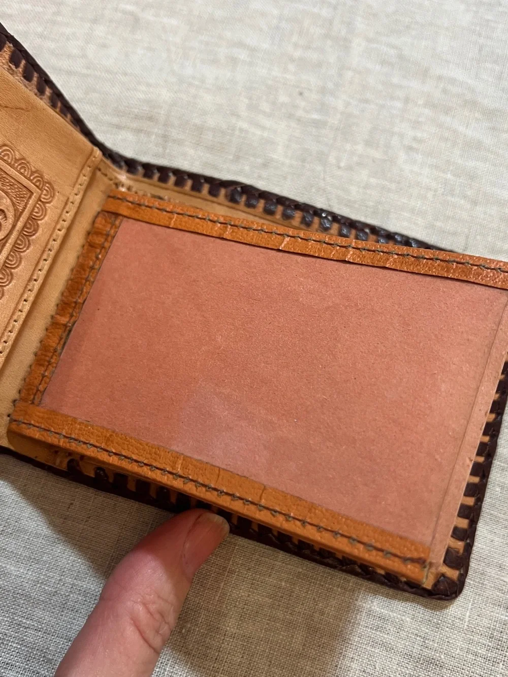 Hand-Tooled Leather Bifold Wallet - Tan with Dark Brown Trim